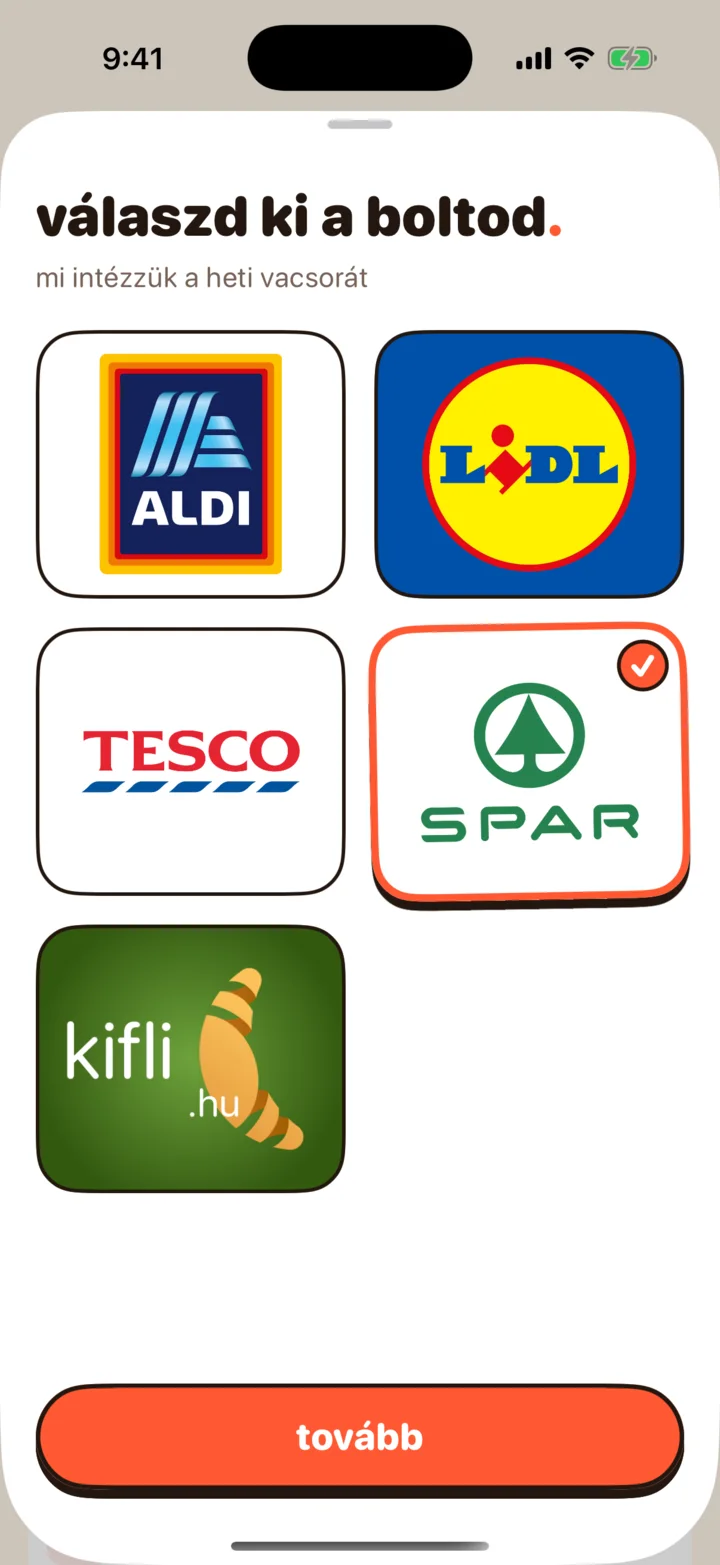 NomNom boltválasztó: Aldi, Lidl, Tesco, SPAR és Kifli logók, kiválasztott bolttal
